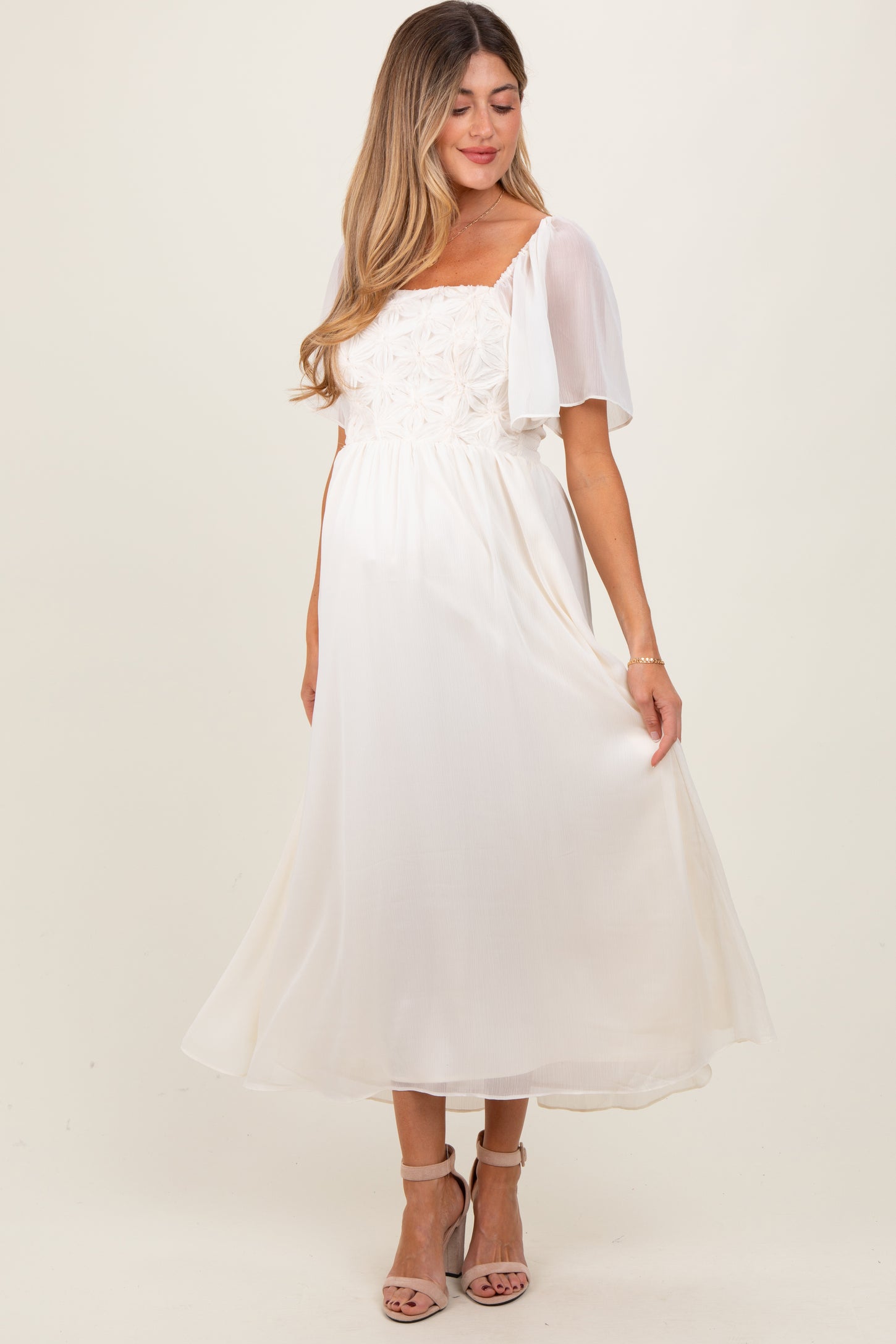 Cream Floral Applique Flutter Sleeved Maternity Midi Dress