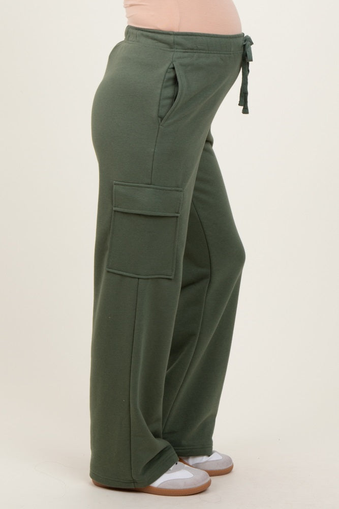 Olive Cargo Pocket Straight Leg Maternity Sweatpants