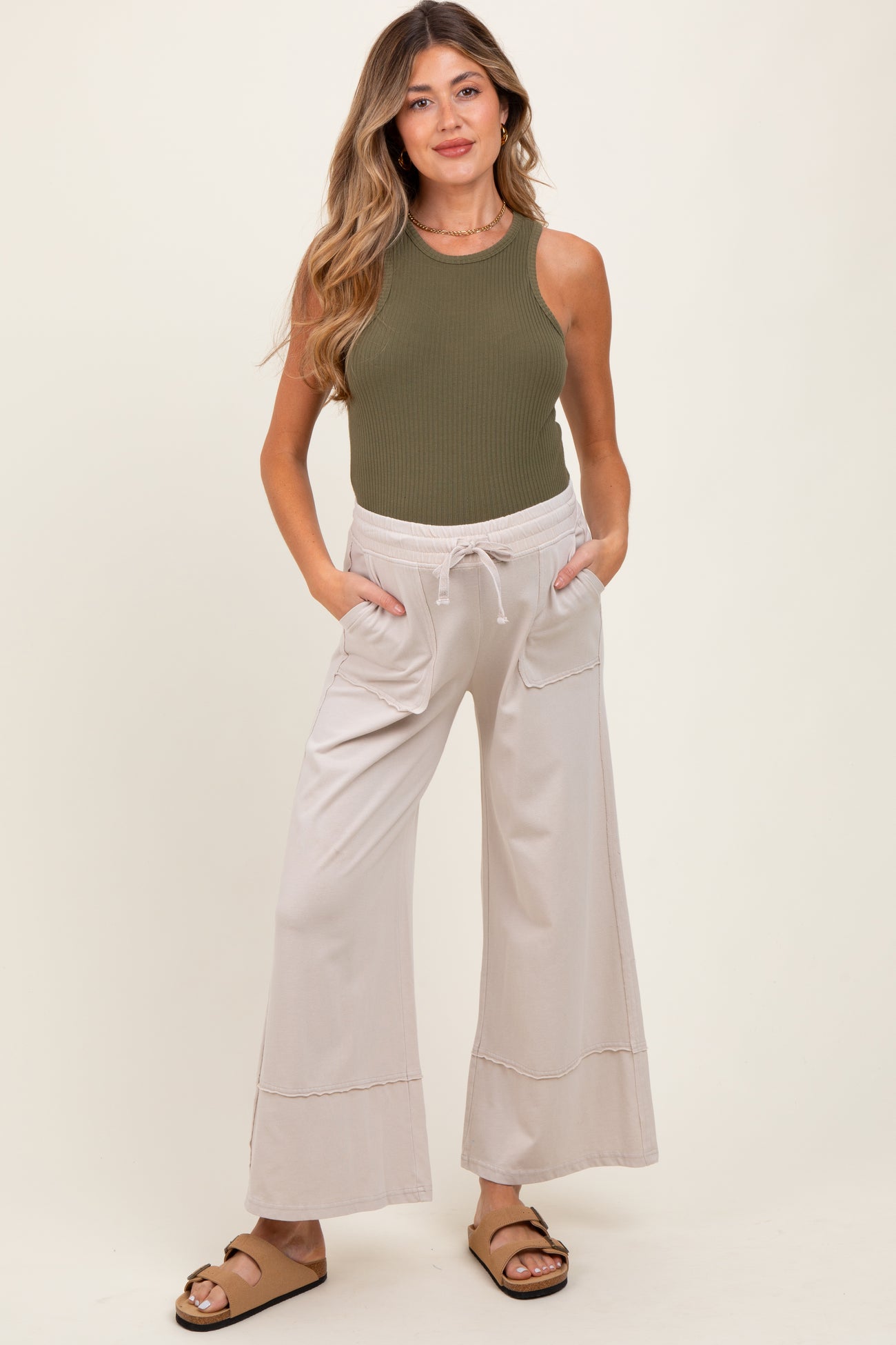 Cream Mineral Wash Wide Leg Ankle Maternity Pants