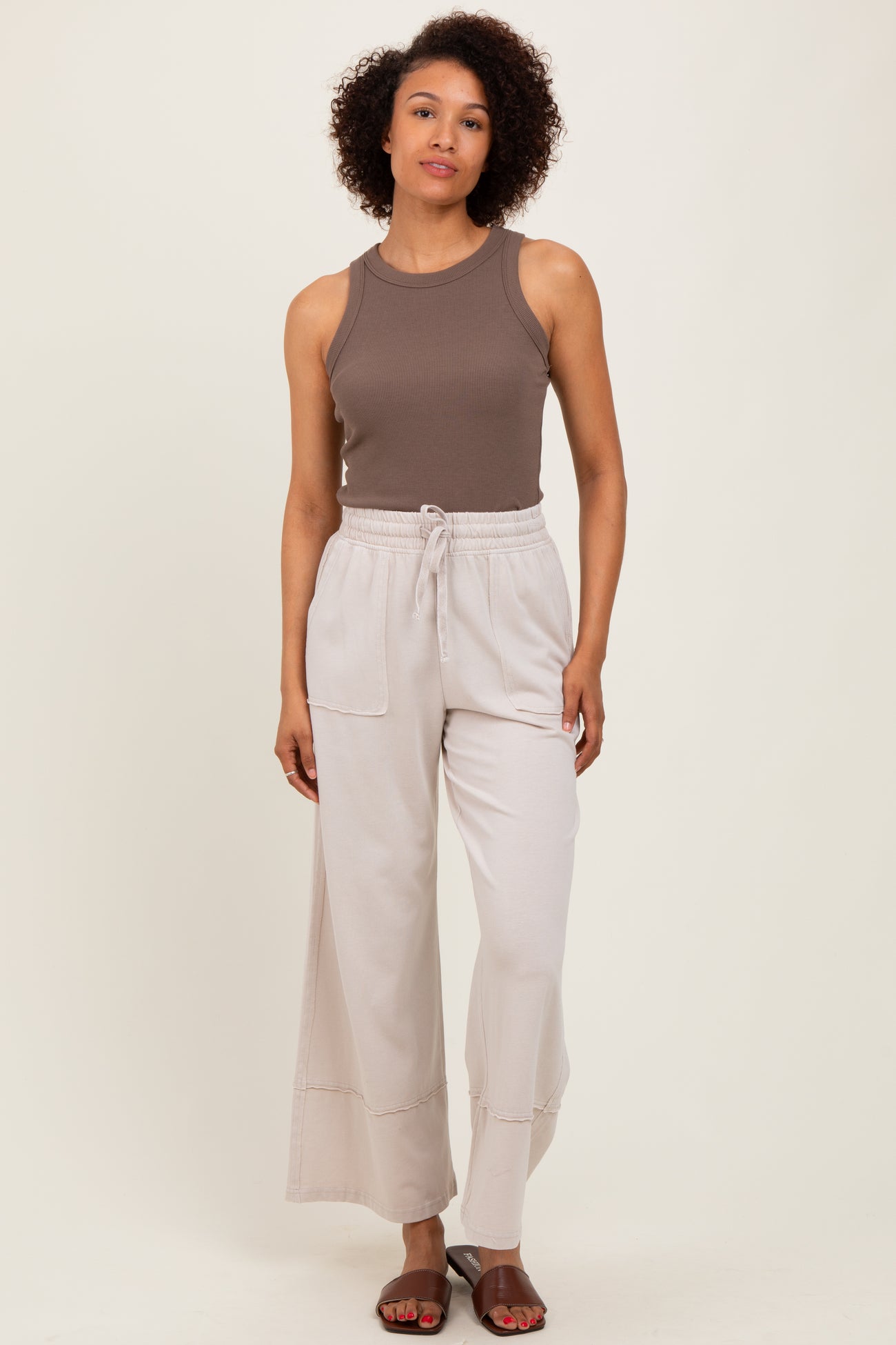 Cream Mineral Wash Wide Leg Ankle Pants