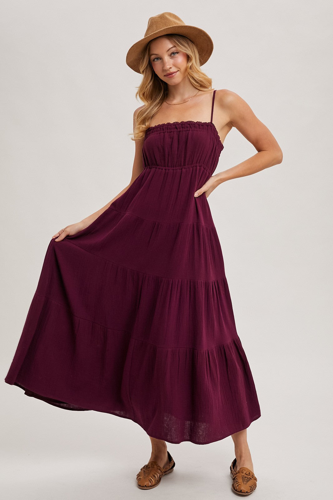 Plum Crochet Trim Tiered Maternity Maxi Dress