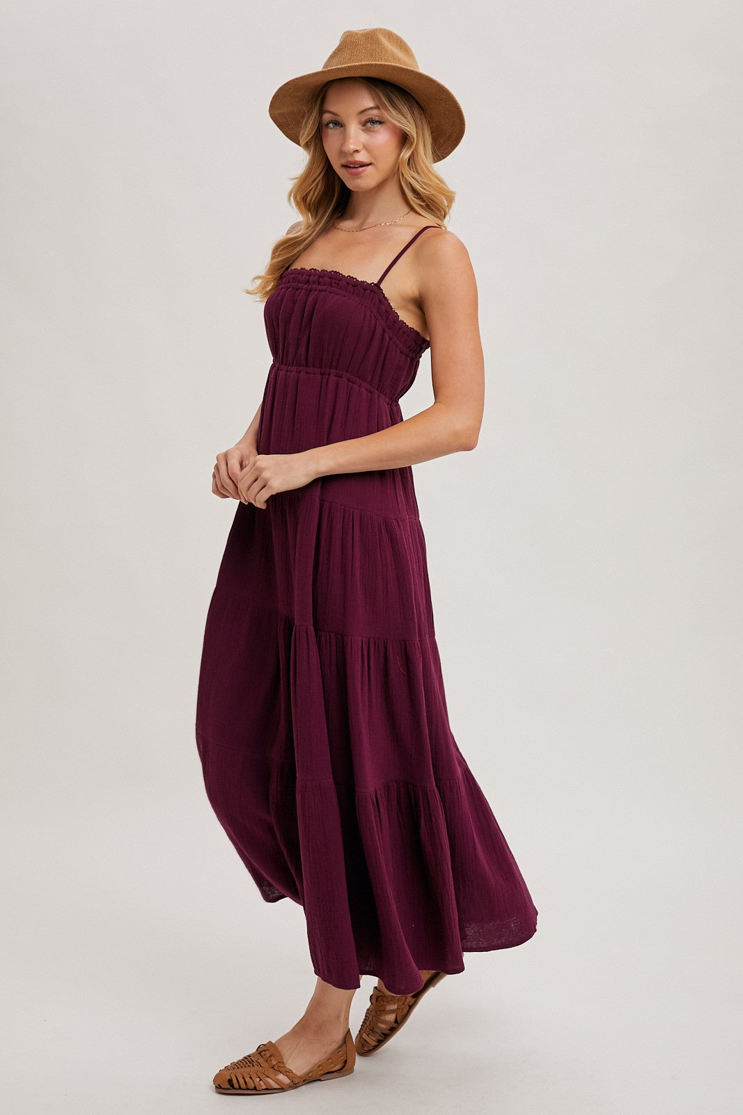 Plum Crochet Trim Tiered Maxi Dress