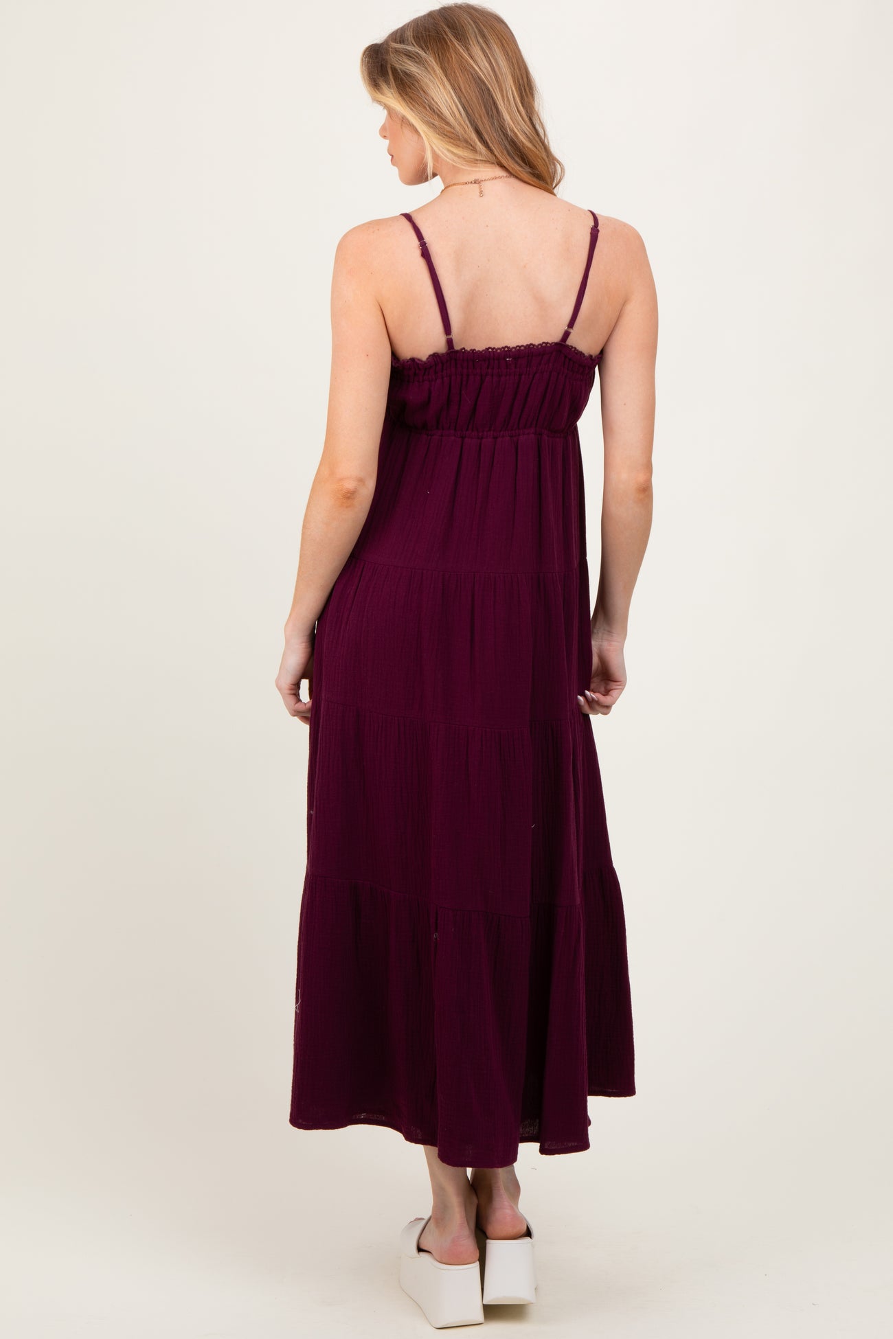 Plum Crochet Trim Tiered Maternity Maxi Dress