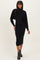 woman wearing a black long sleeve fitted midi dress with a textured overlay and ankle boots