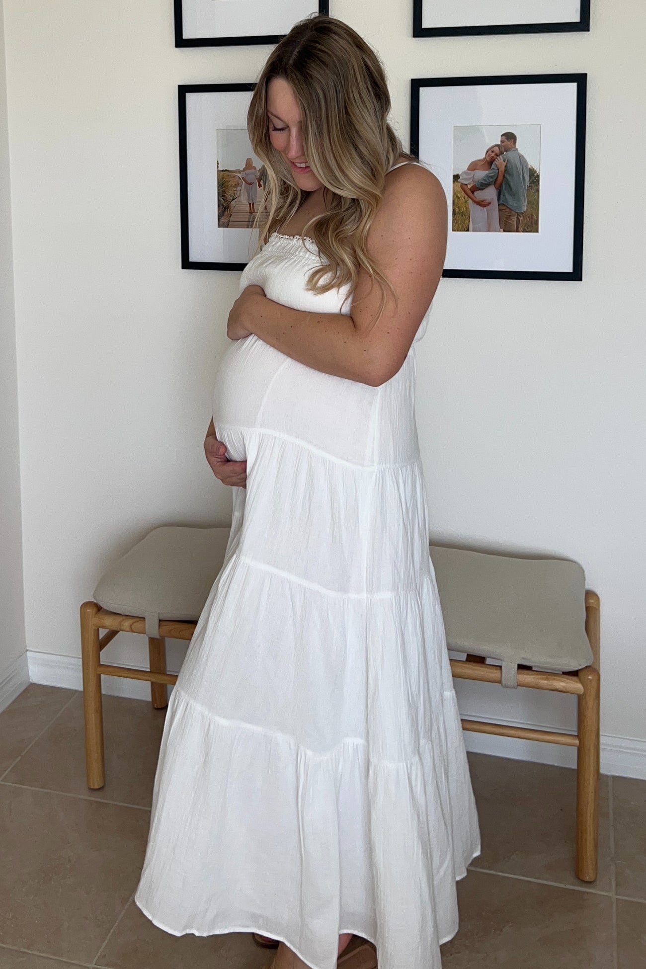 Ivory Crochet Trim Tiered Maternity Maxi Dress