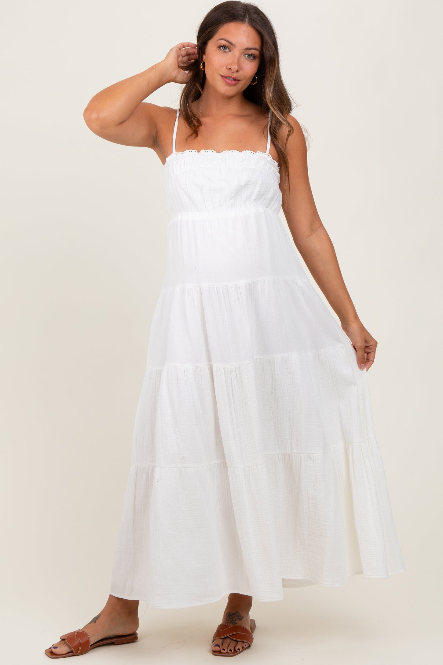 Ivory Crochet Trim Tiered Maternity Maxi Dress