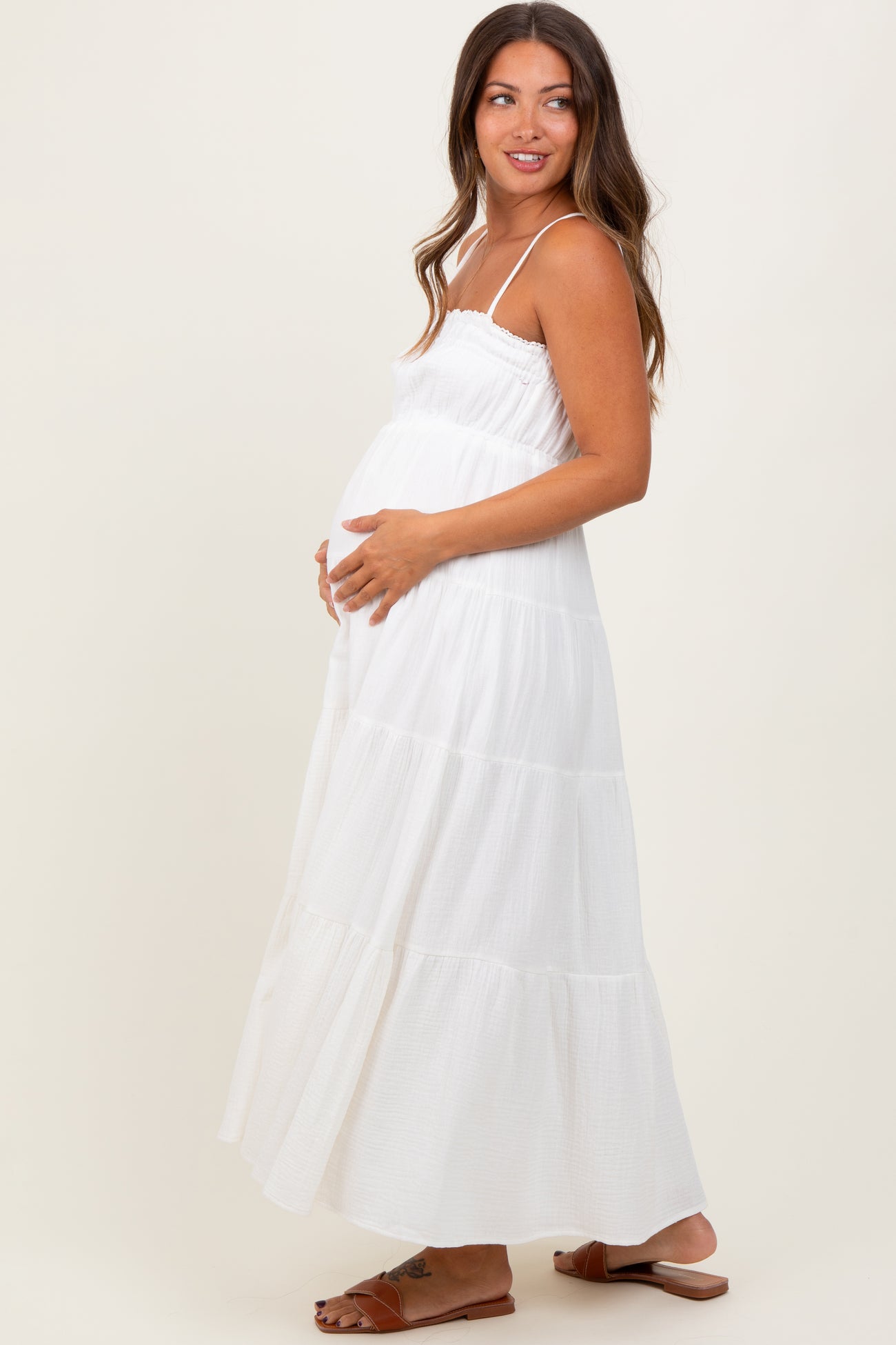 Ivory Crochet Trim Tiered Maternity Maxi Dress