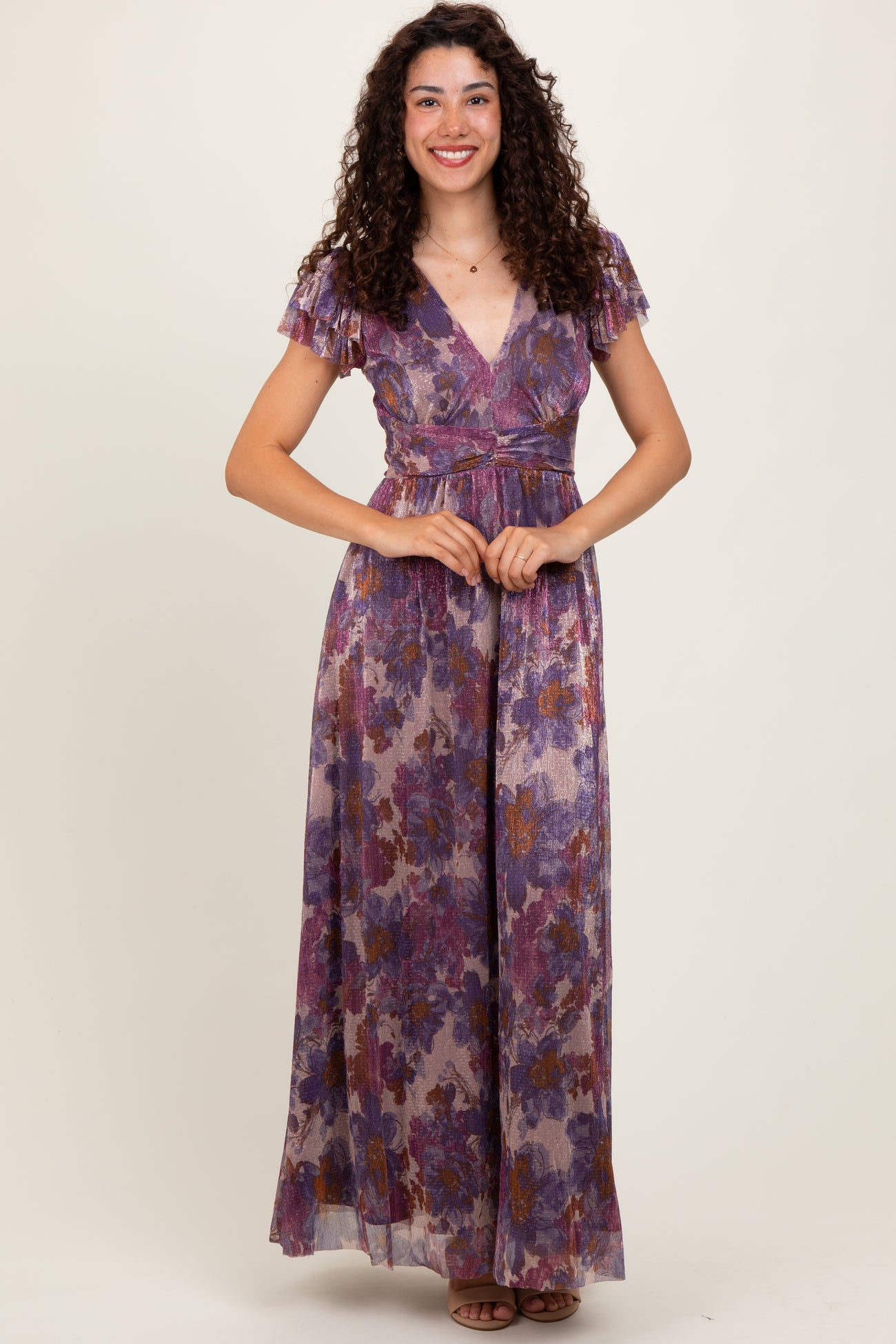 Violet Floral Metallic Flutter Sleeve Maxi Dress