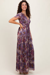 Violet Floral Metallic Flutter Sleeve Maxi Dress