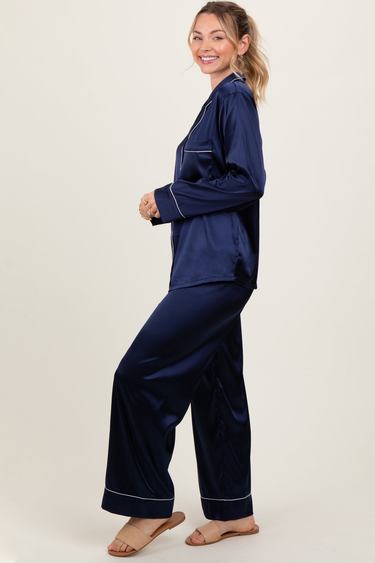Navy Satin Contrast Trim Long Sleeve Pajama Set