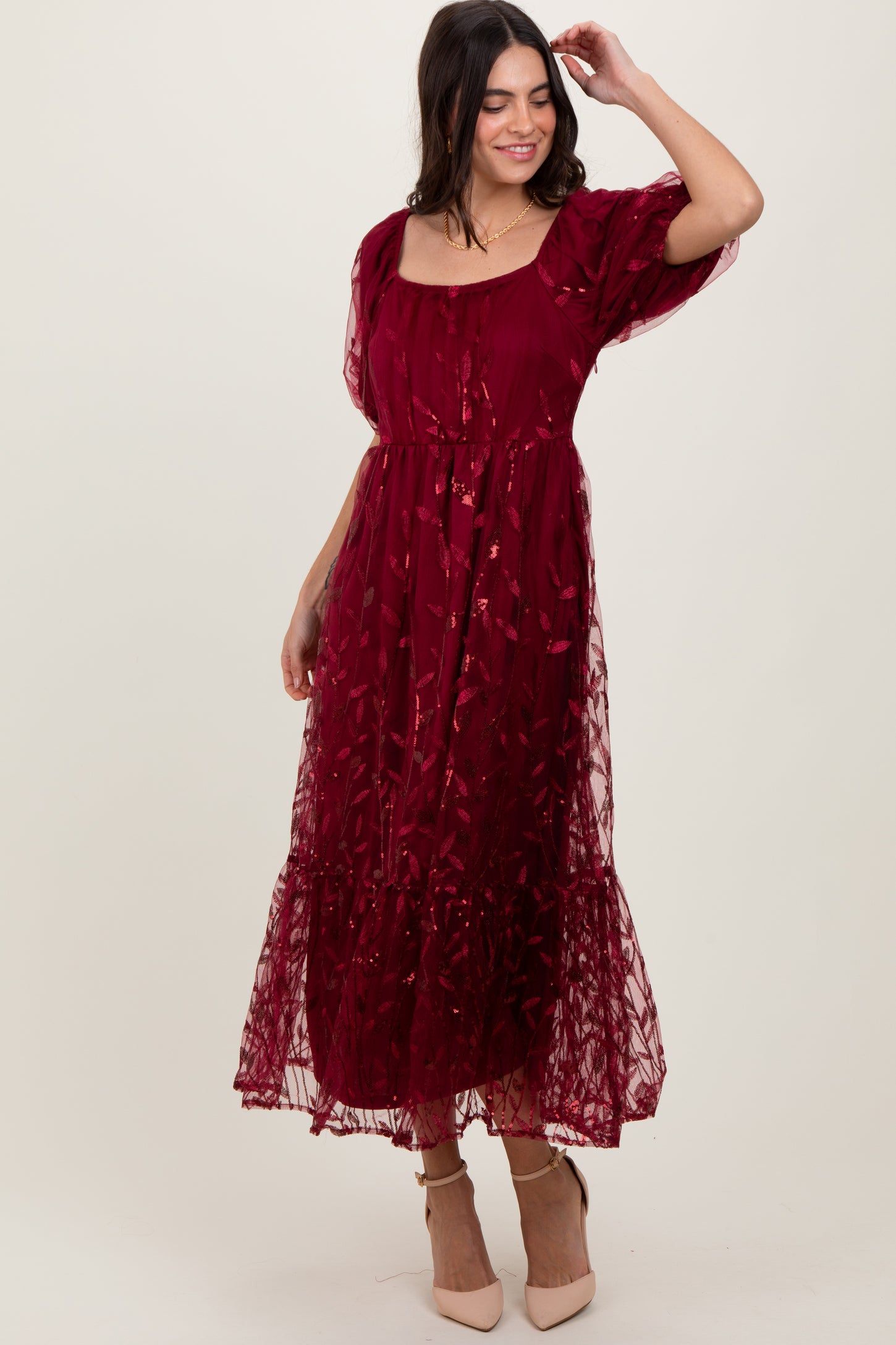 Burgundy Embroidered Sequin Detail Mesh Overlay Maternity Maxi Dress