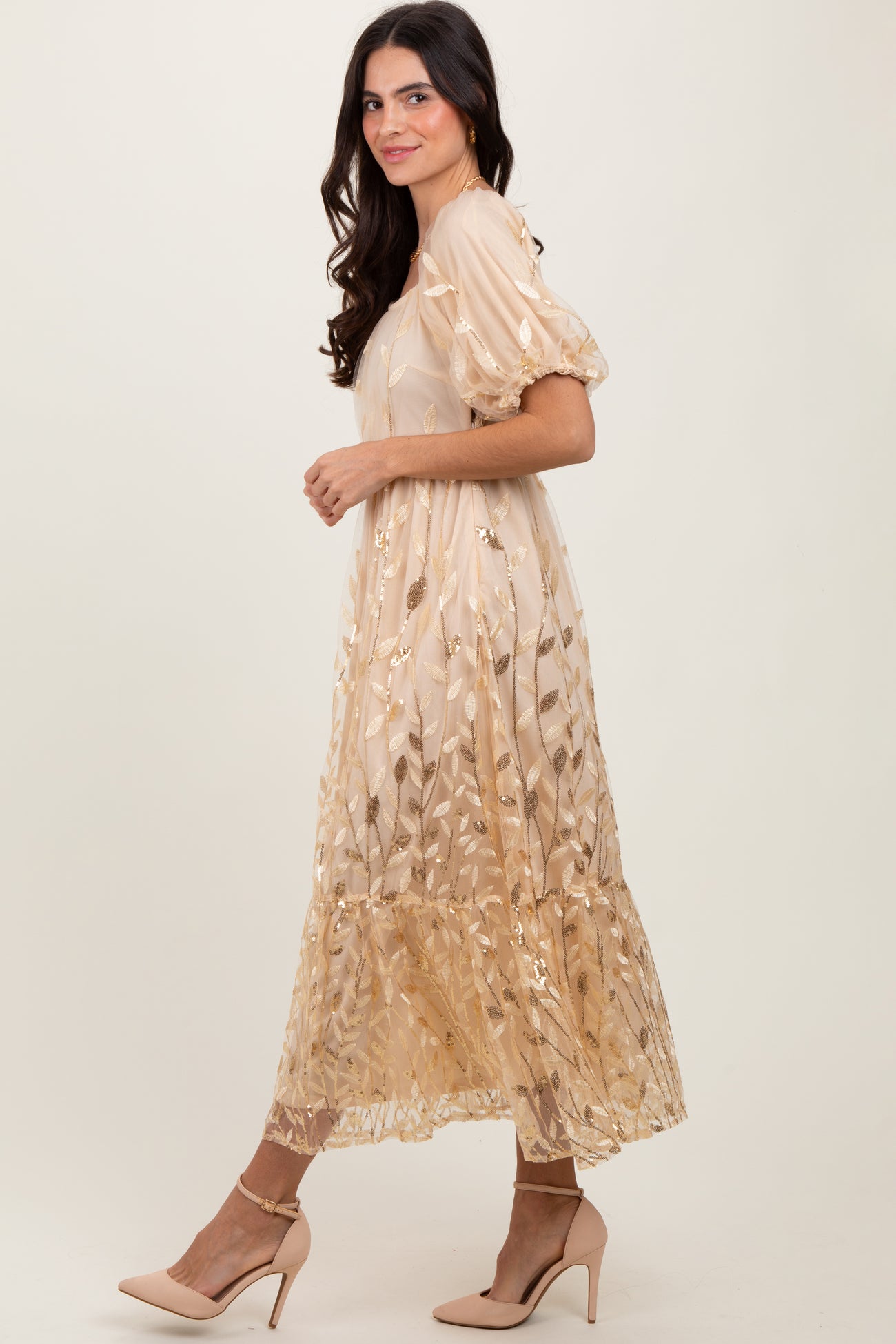 Cream Embroidered Sequin Detail Mesh Overlay Maternity Maxi Dress