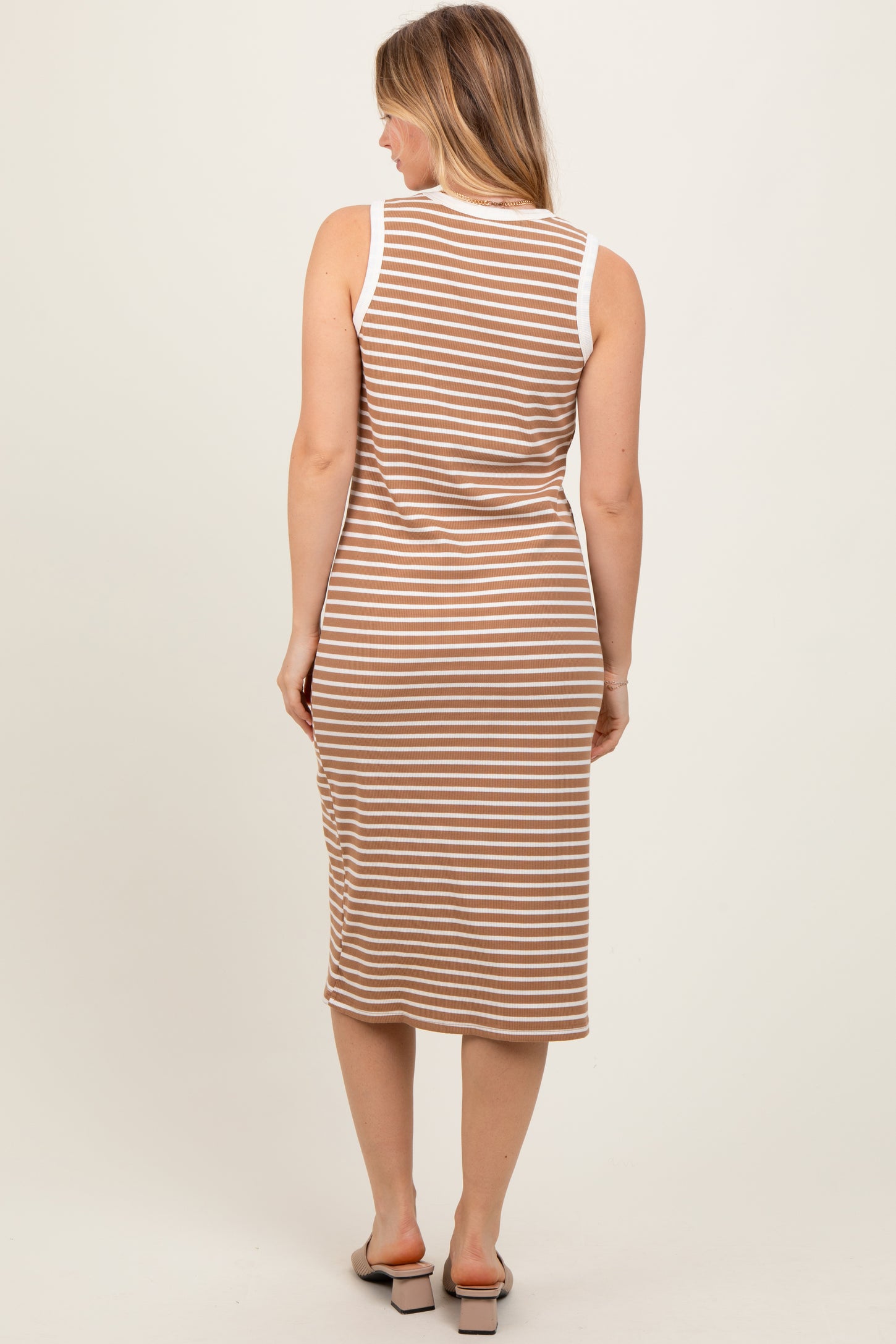 Mocha Striped Ribbed Knit Sleeveless Midi Dress