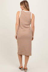 Mocha Striped Ribbed Knit Sleeveless Midi Dress