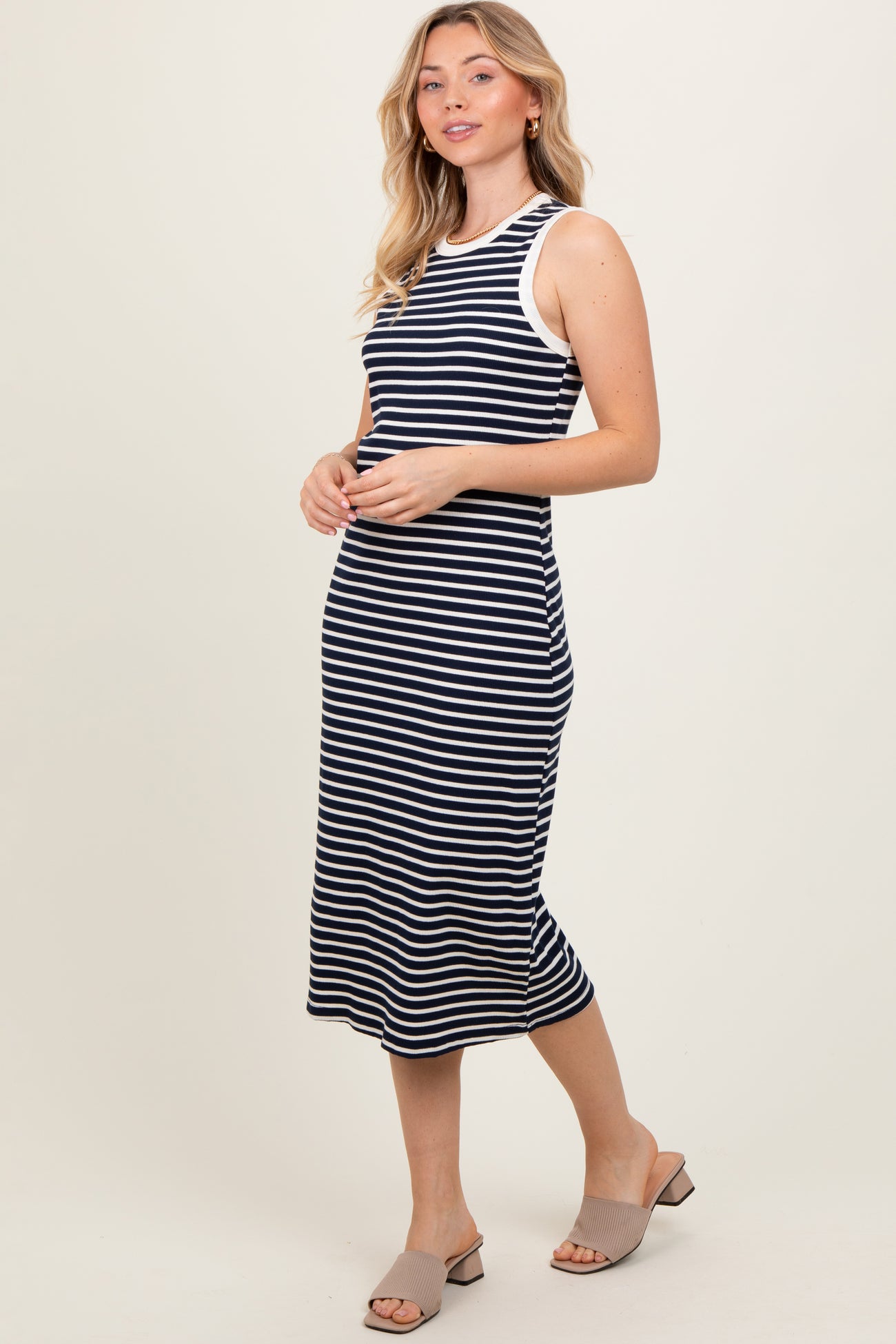 Navy Striped Ribbed Knit Sleeveless Midi Dress