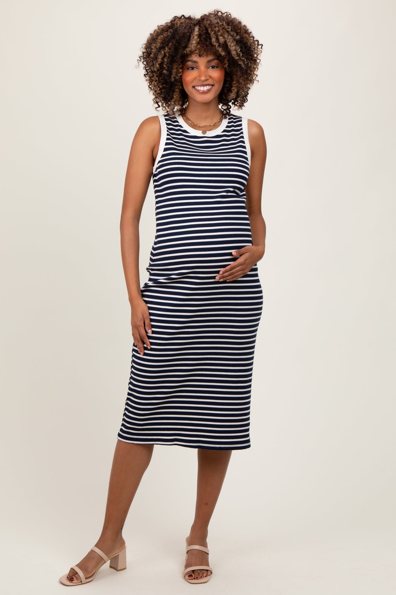 Navy Striped Ribbed Knit Sleeveless Maternity Midi Dress