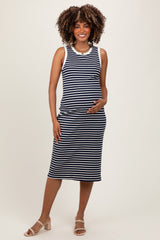 Navy Striped Ribbed Knit Sleeveless Maternity Midi Dress