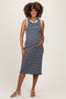 Navy Striped Ribbed Knit Sleeveless Maternity Midi Dress