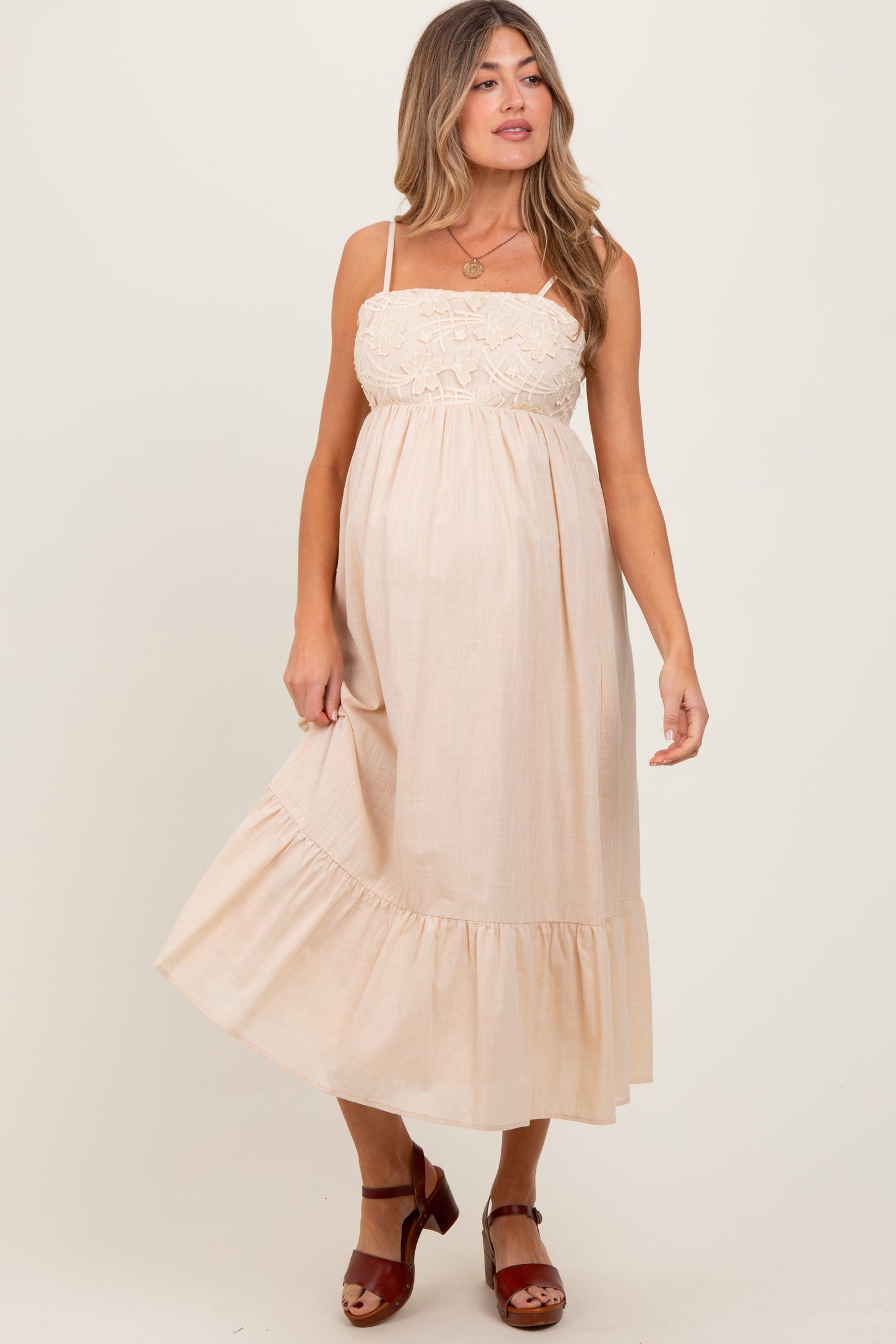Beige Floral Embroidery Back Ribbon Maternity Midi Dress