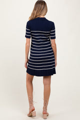 Navy Striped Knit Collared Pleated Maternity Dress