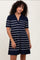 Navy Striped Knit Collared Pleated Dress