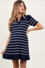 Navy Striped Knit Collared Pleated Maternity Dress