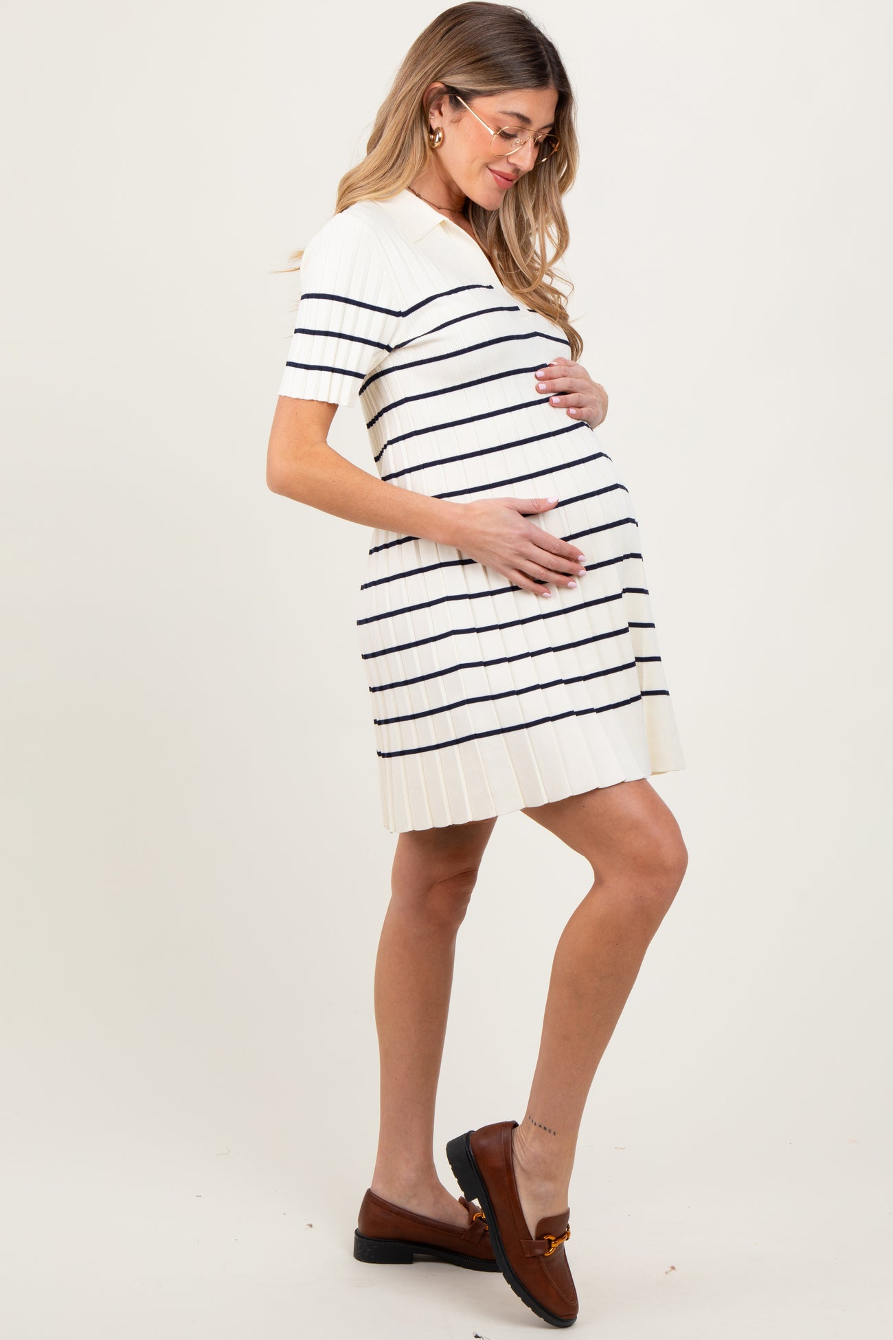 White Striped Knit Collared Pleated Maternity Dress