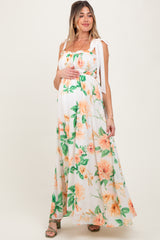 Peach Tropical Floral Shoulder Tie Maternity Maxi Dress