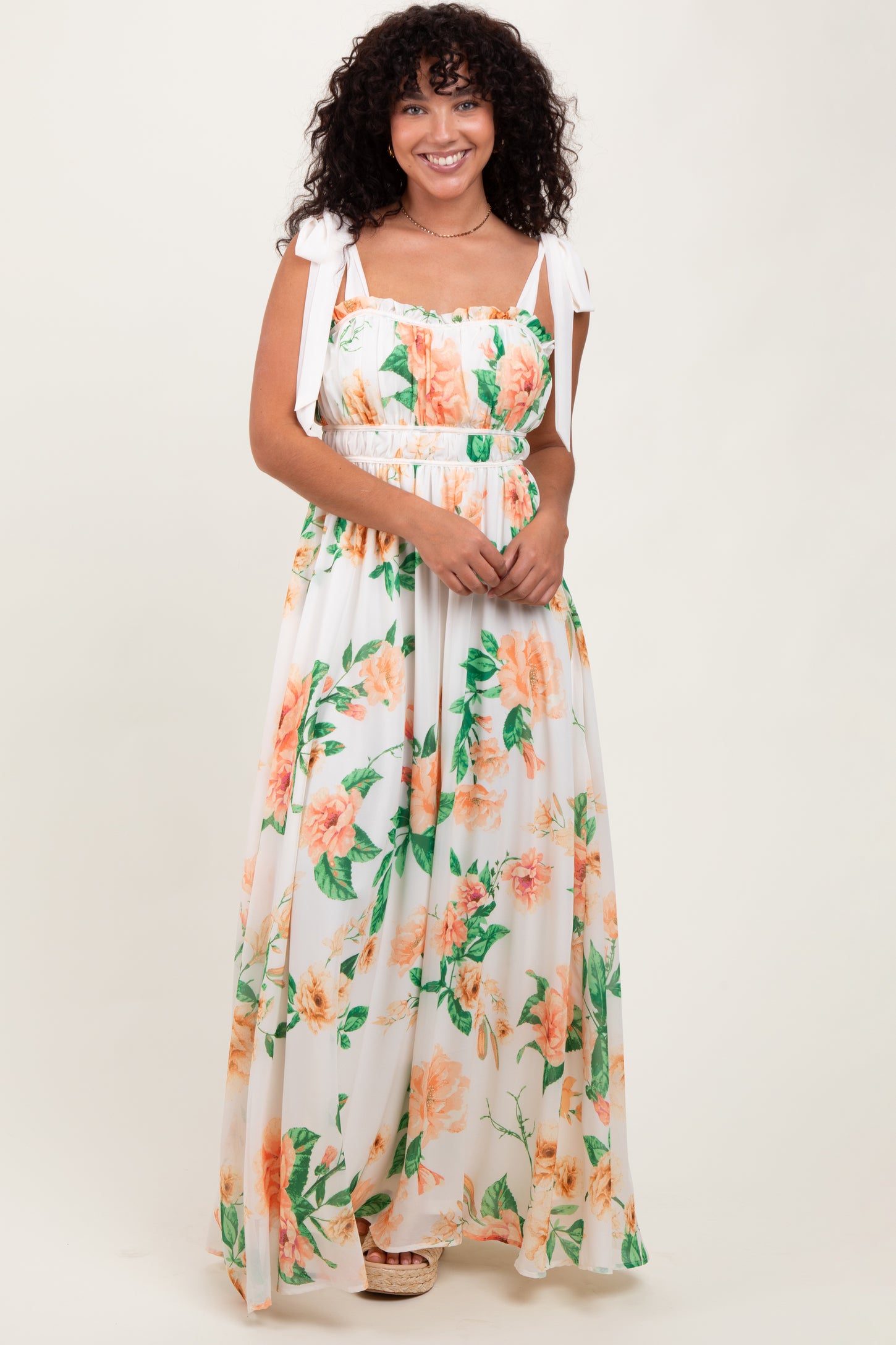 Peach Tropical Floral Shoulder Tie Maxi Dress