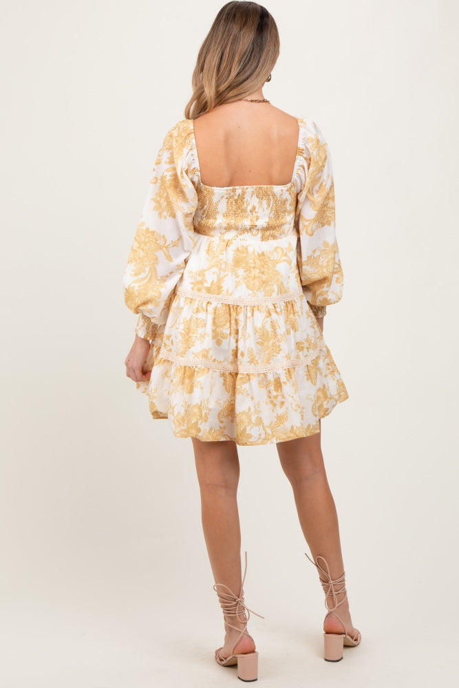 Yellow Floral Smocked Bubble Sleeve Tiered Maternity Dress