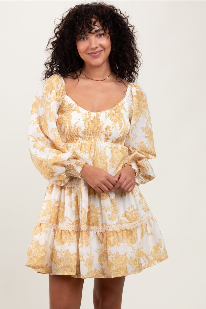Yellow Floral Smocked Bubble Sleeve Tiered Dress