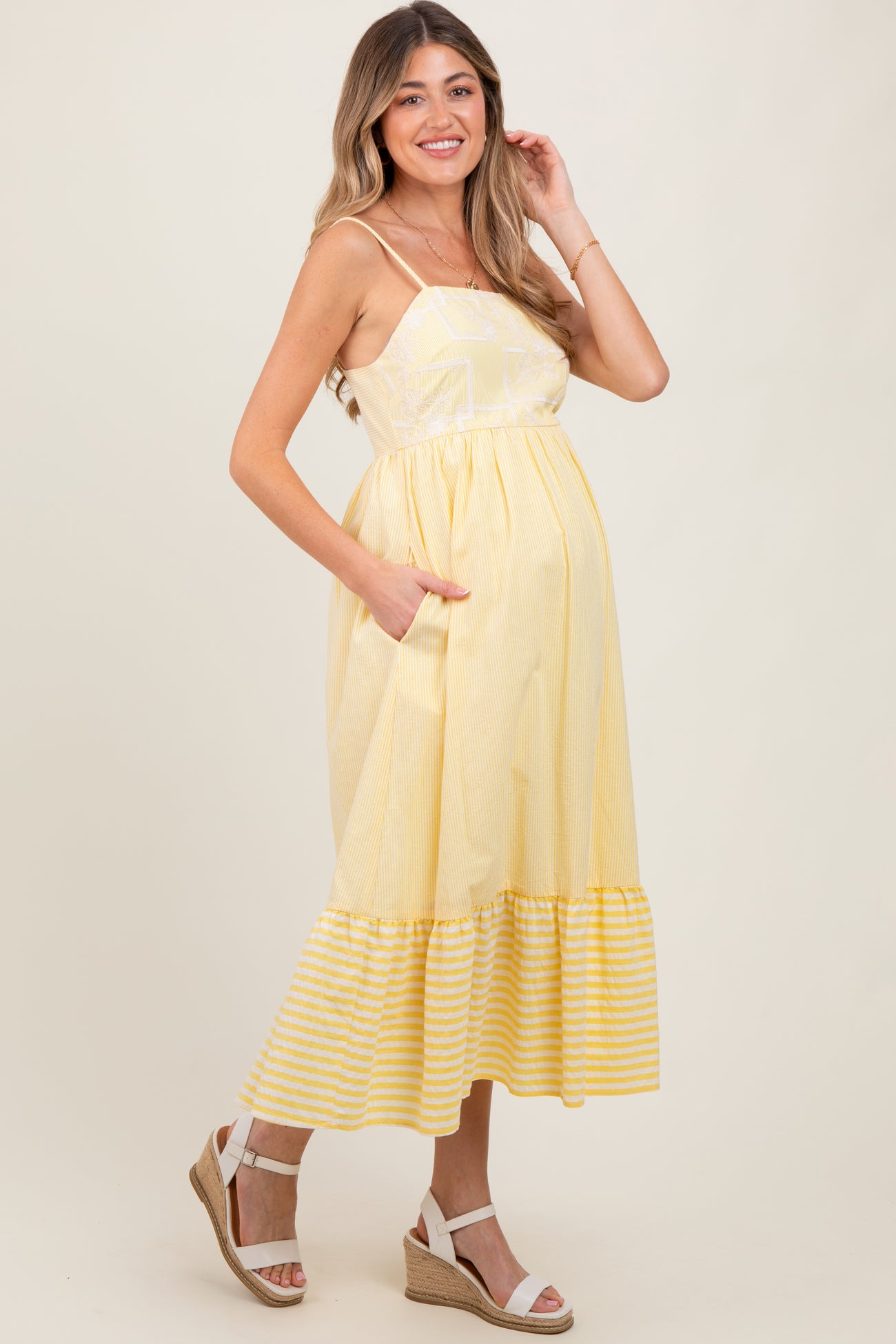 Yellow Embroidered Striped Colorblock Maternity Midi Dress