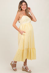 Yellow Embroidered Striped Colorblock Maternity Midi Dress