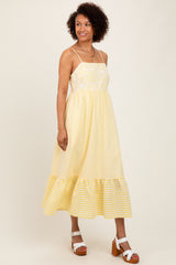 Yellow Embroidered Striped Colorblock Midi Dress