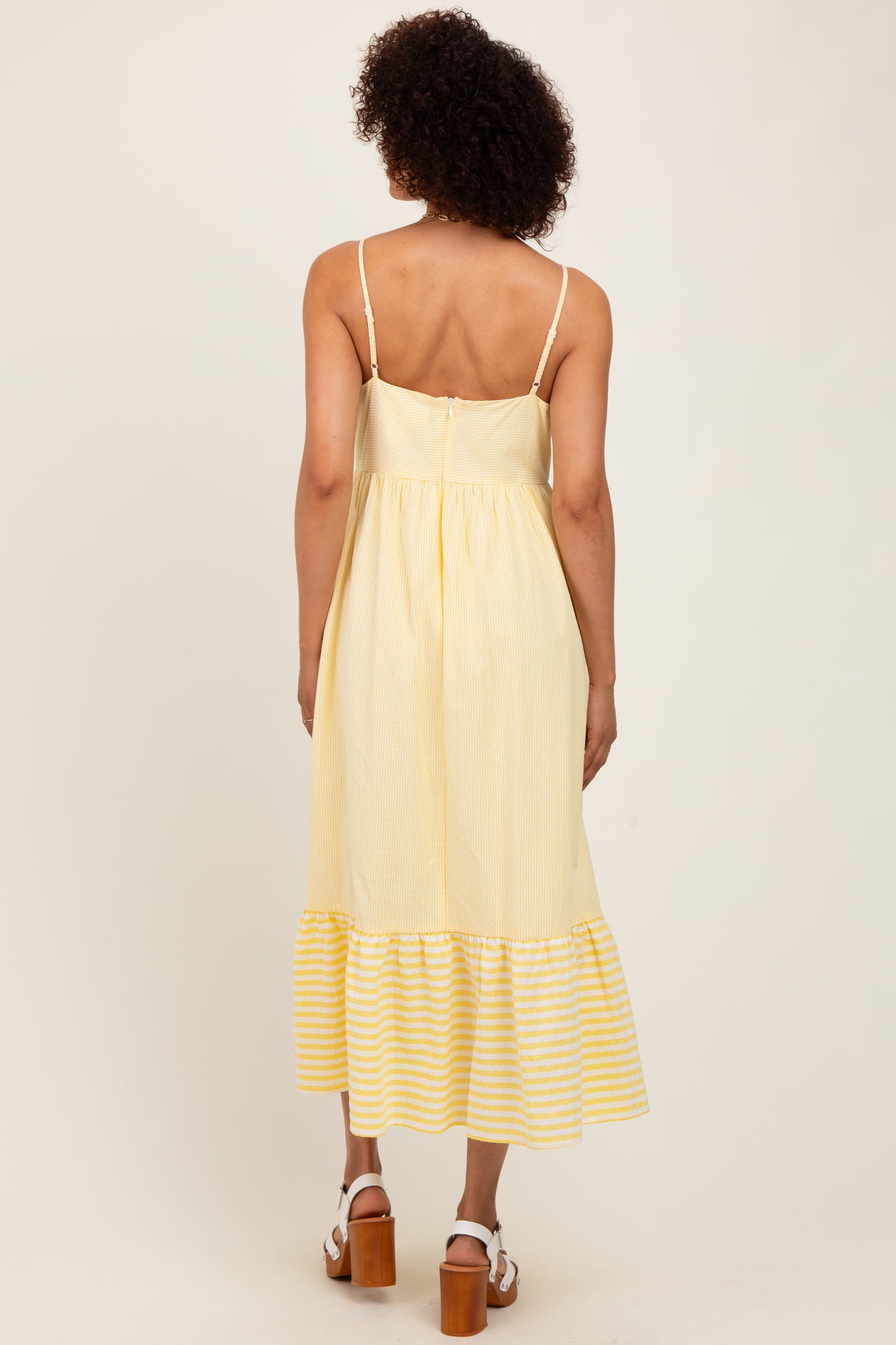 Yellow Embroidered Striped Colorblock Midi Dress
