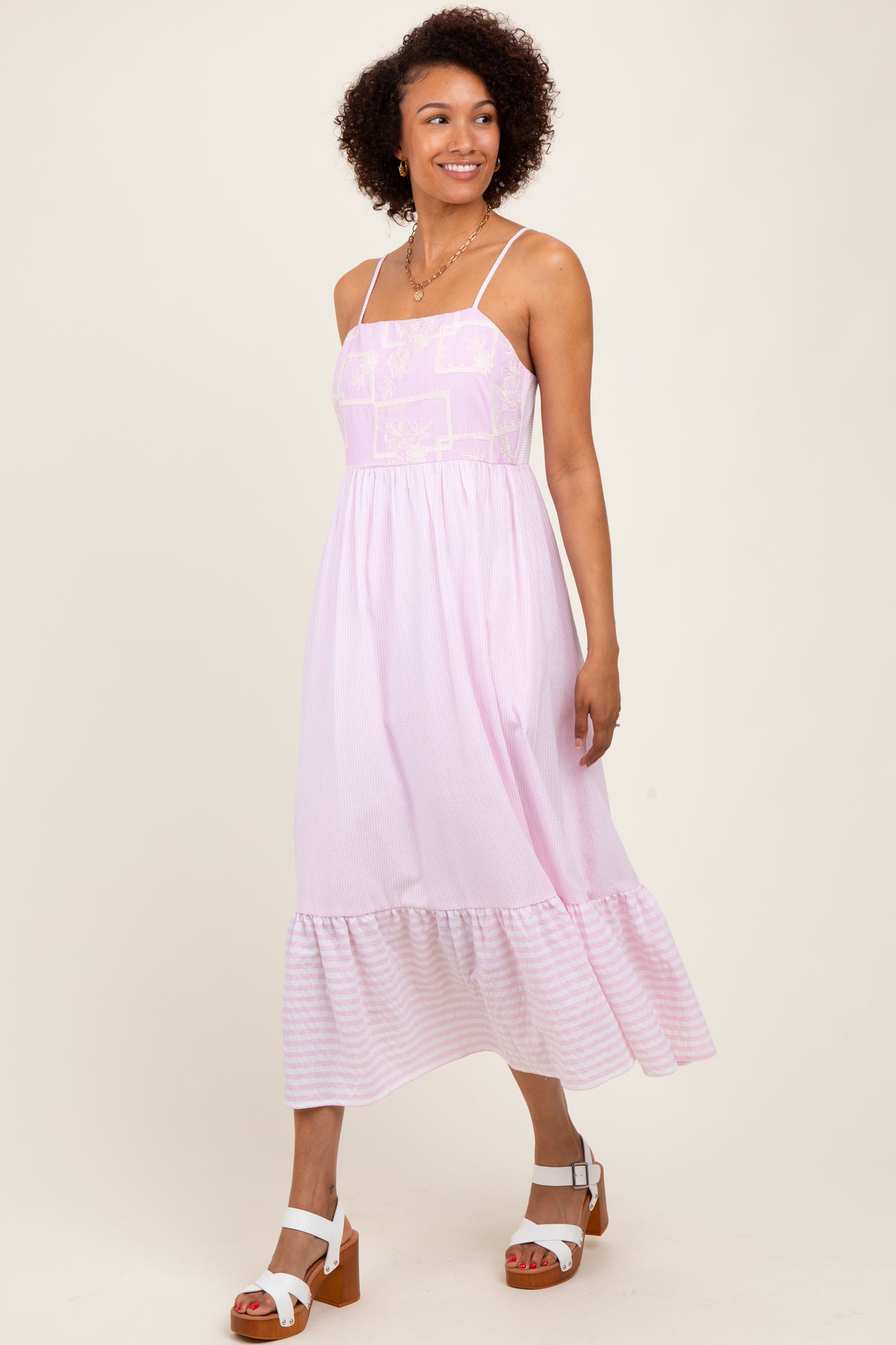 Light Pink Embroidered Striped Colorblock Midi Dress