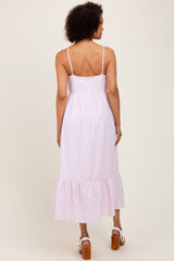 Light Pink Embroidered Striped Colorblock Midi Dress