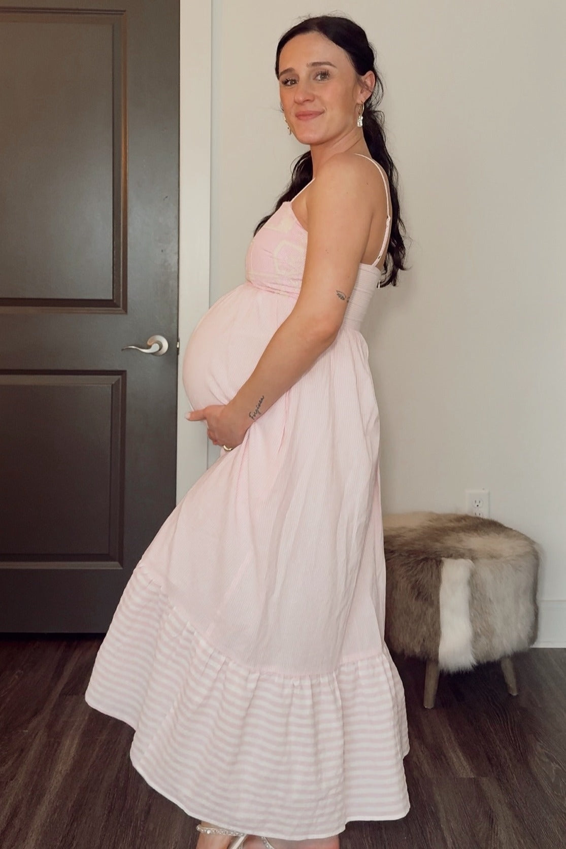 Light Pink Embroidered Striped Colorblock Maternity Midi Dress