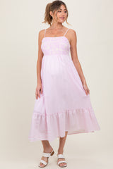 Light Pink Embroidered Striped Colorblock Maternity Midi Dress