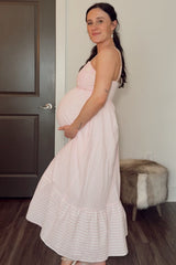 Light Pink Embroidered Striped Colorblock Maternity Midi Dress