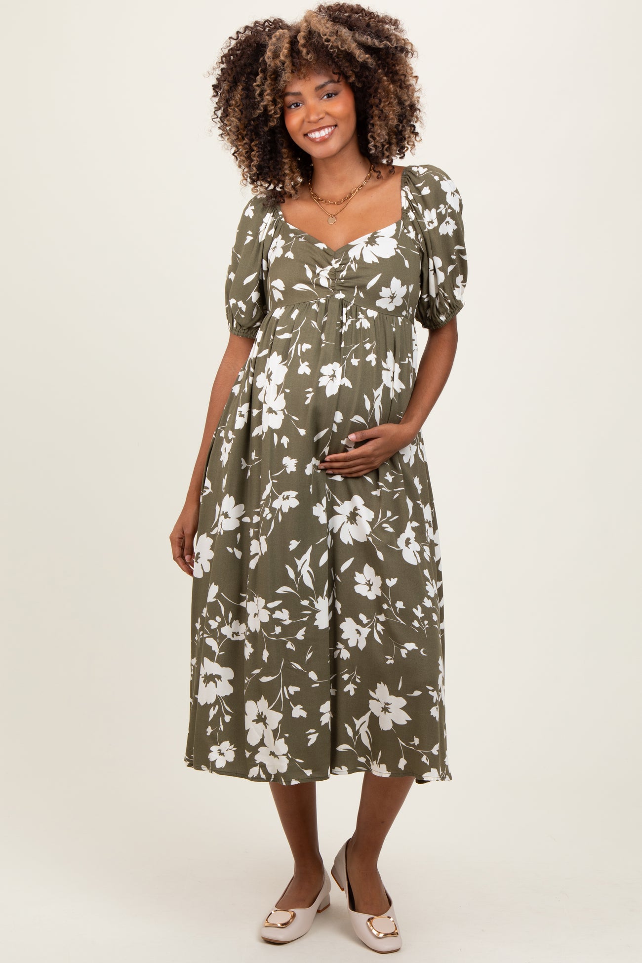 Olive Floral Sweetheart Neckline Maternity Midi Dress