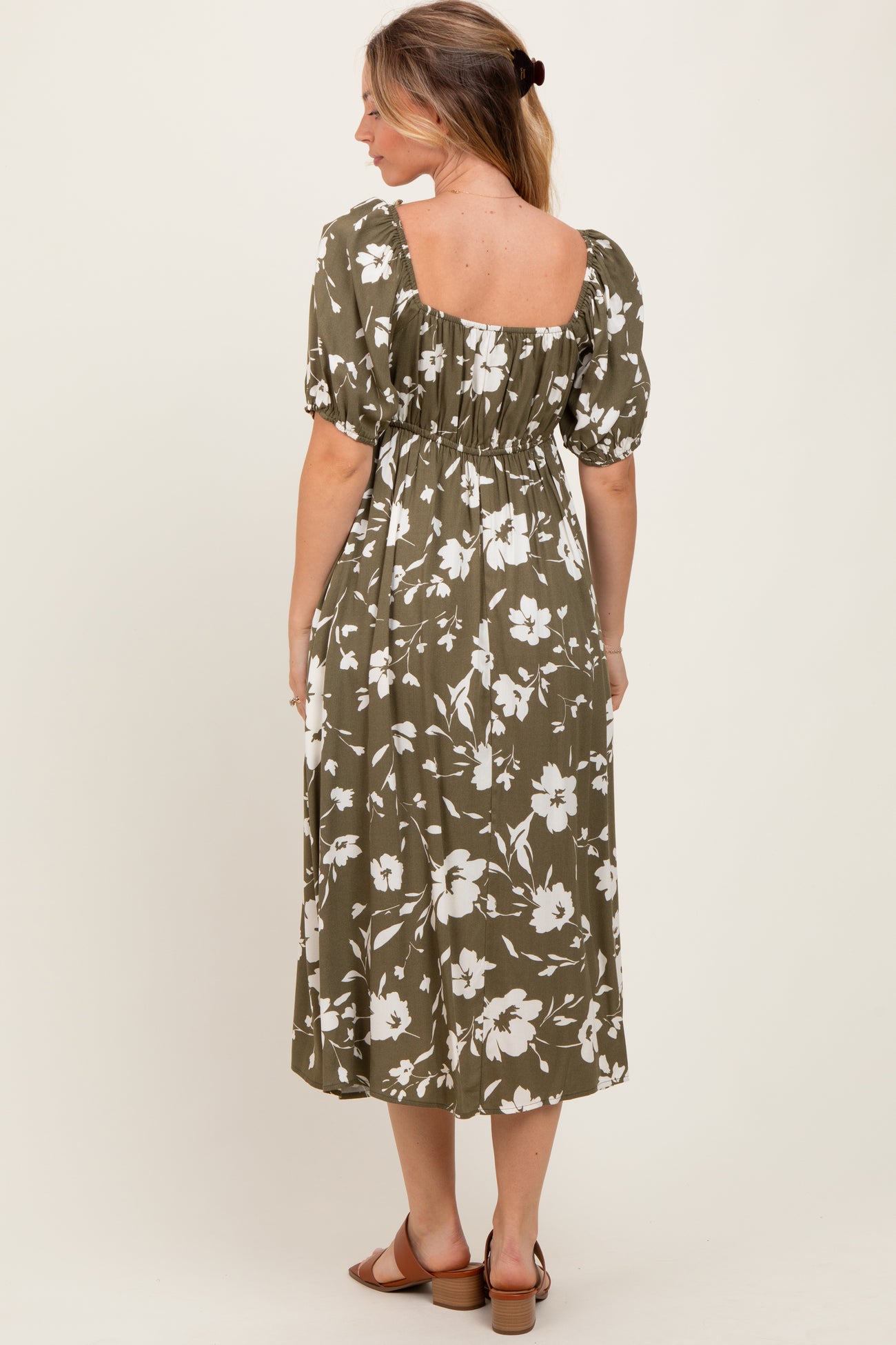 Olive Floral Sweetheart Neckline Midi Dress