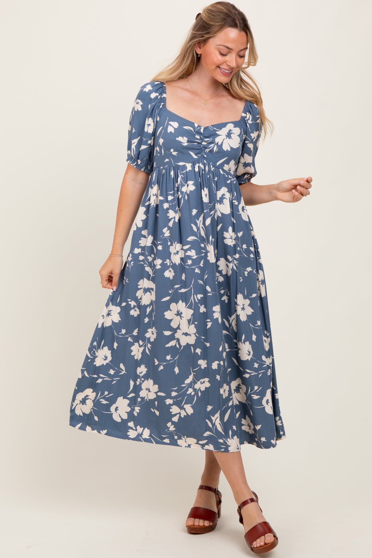 Light Navy Floral Sweetheart Neckline Maternity Midi Dress