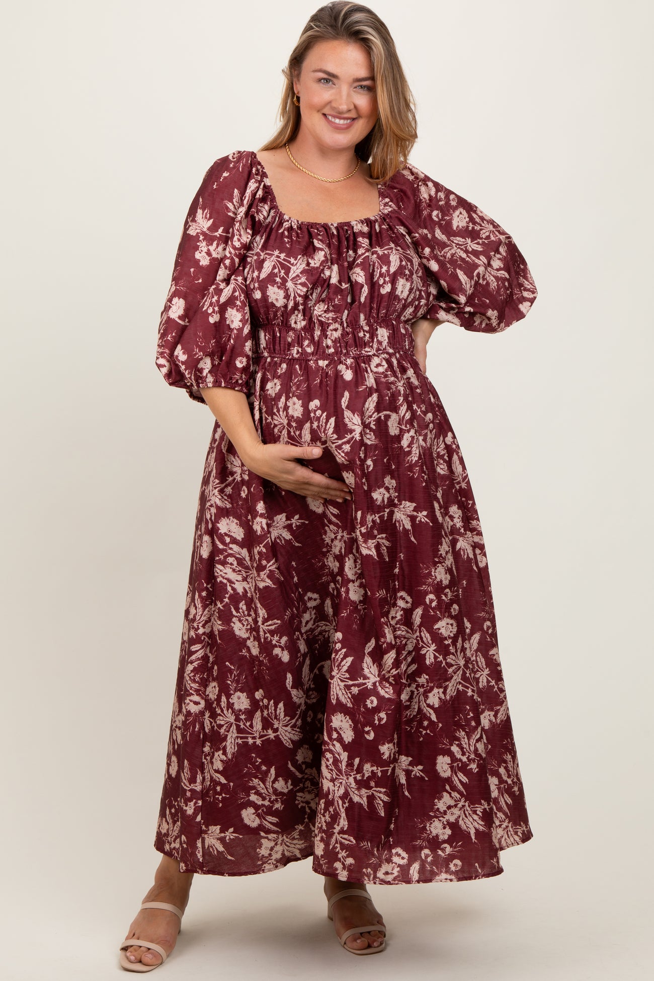 Burgundy Floral Textured Maternity Plus Midi Dress