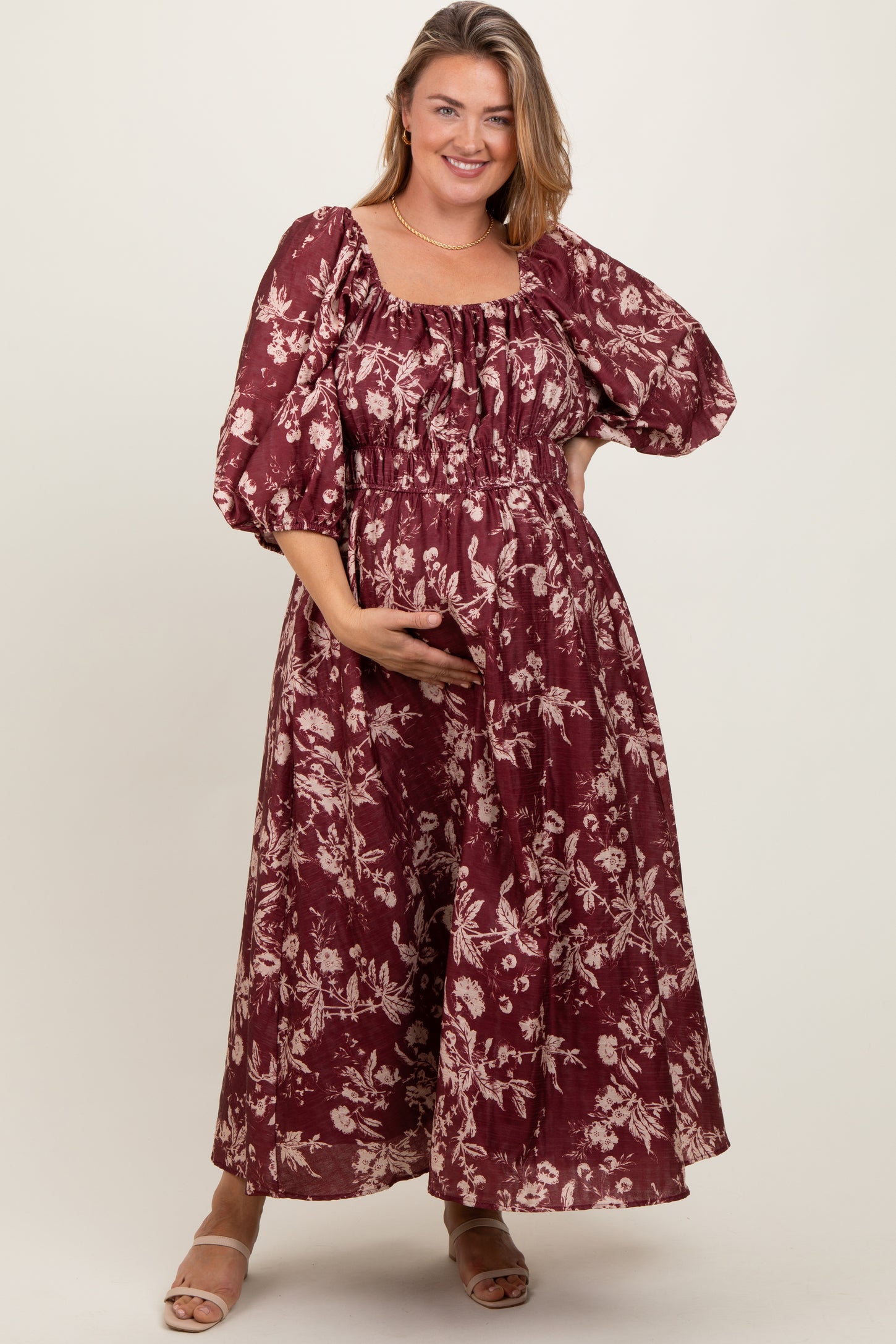 Burgundy Floral Textured Maternity Plus Midi Dress
