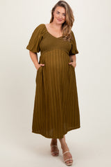 Olive Smocked V-Neck Short Puff Sleeve Textured Maternity Plus Midi Dress