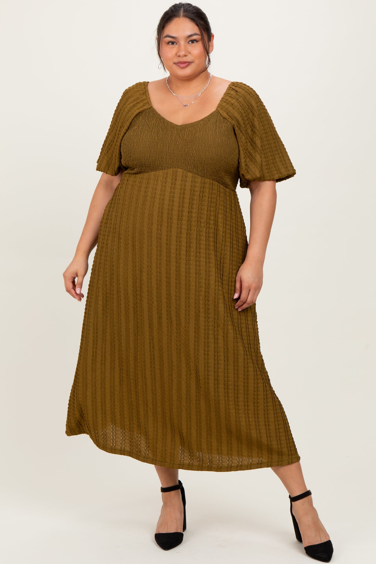 Olive Smocked V-Neck Short Puff Sleeve Textured Maternity Plus Midi Dress