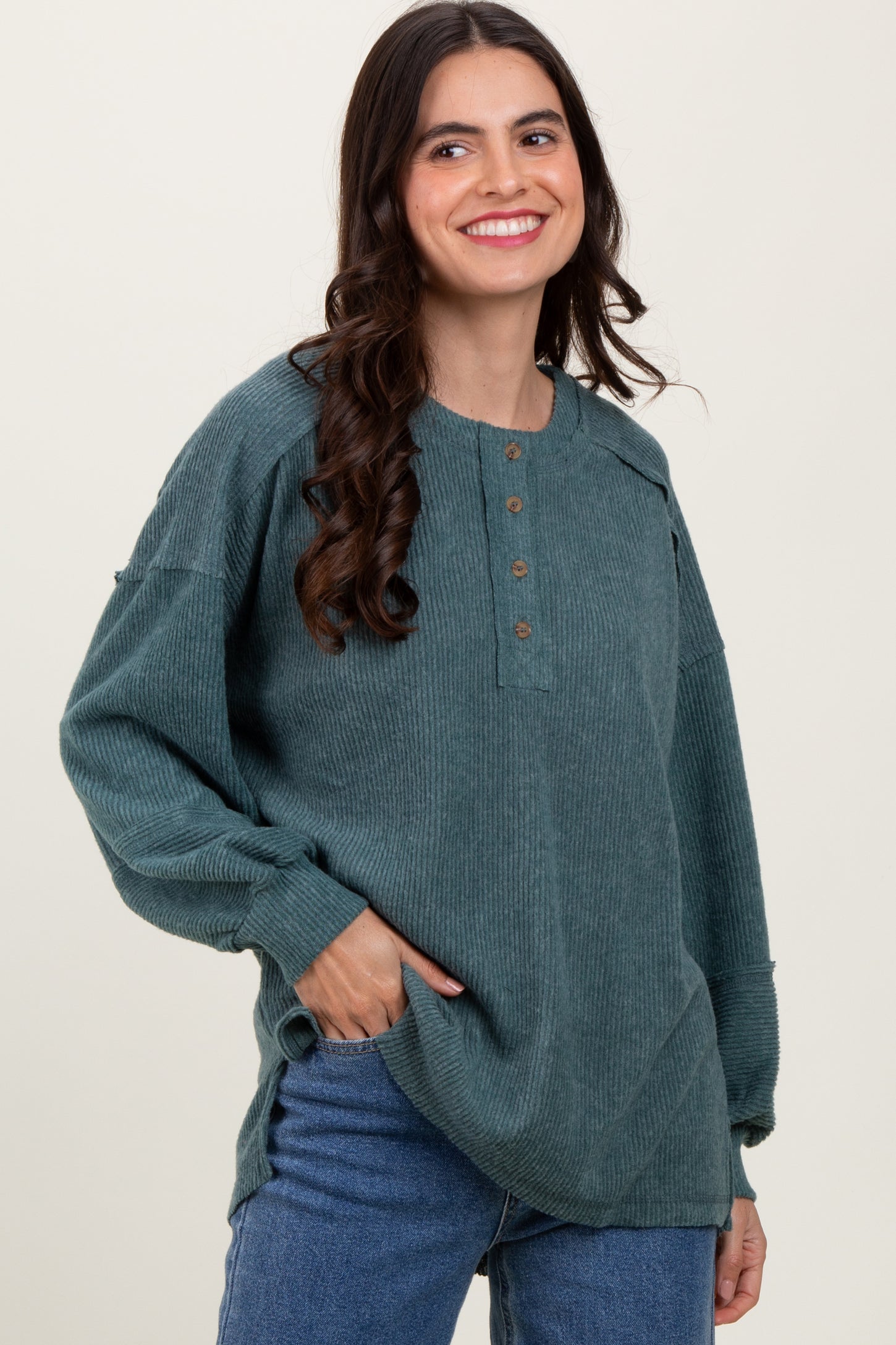 Light Olive Oversized Ribbed Knit Henley Maternity Sweater