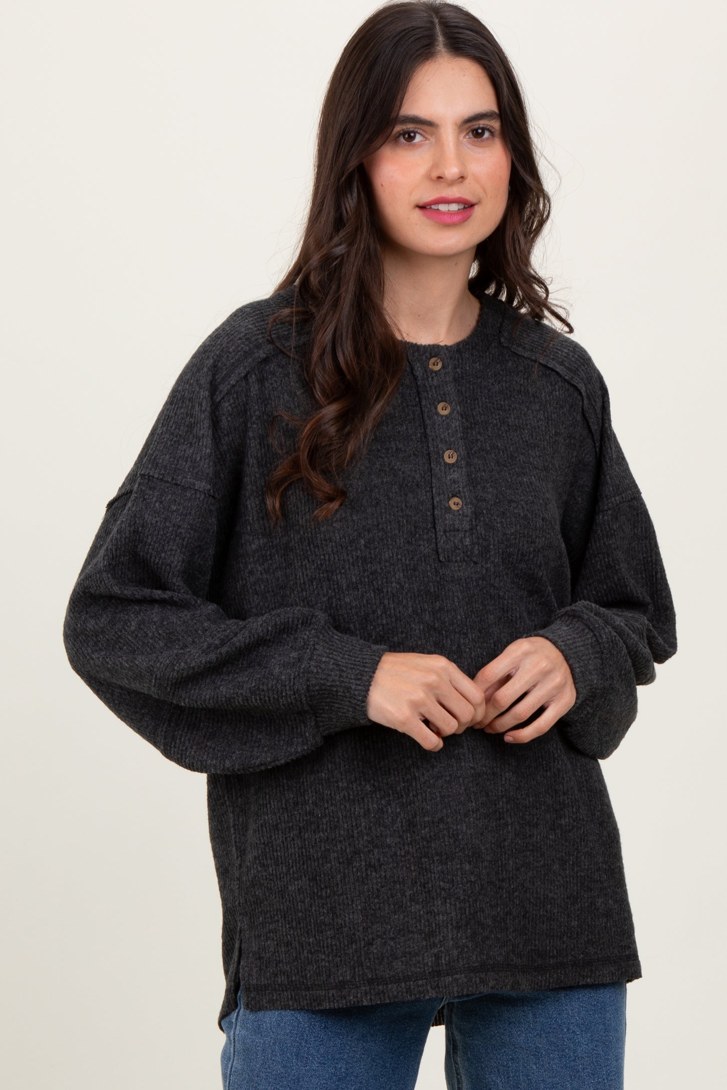 Charcoal Oversized Ribbed Knit Henley Maternity Sweater