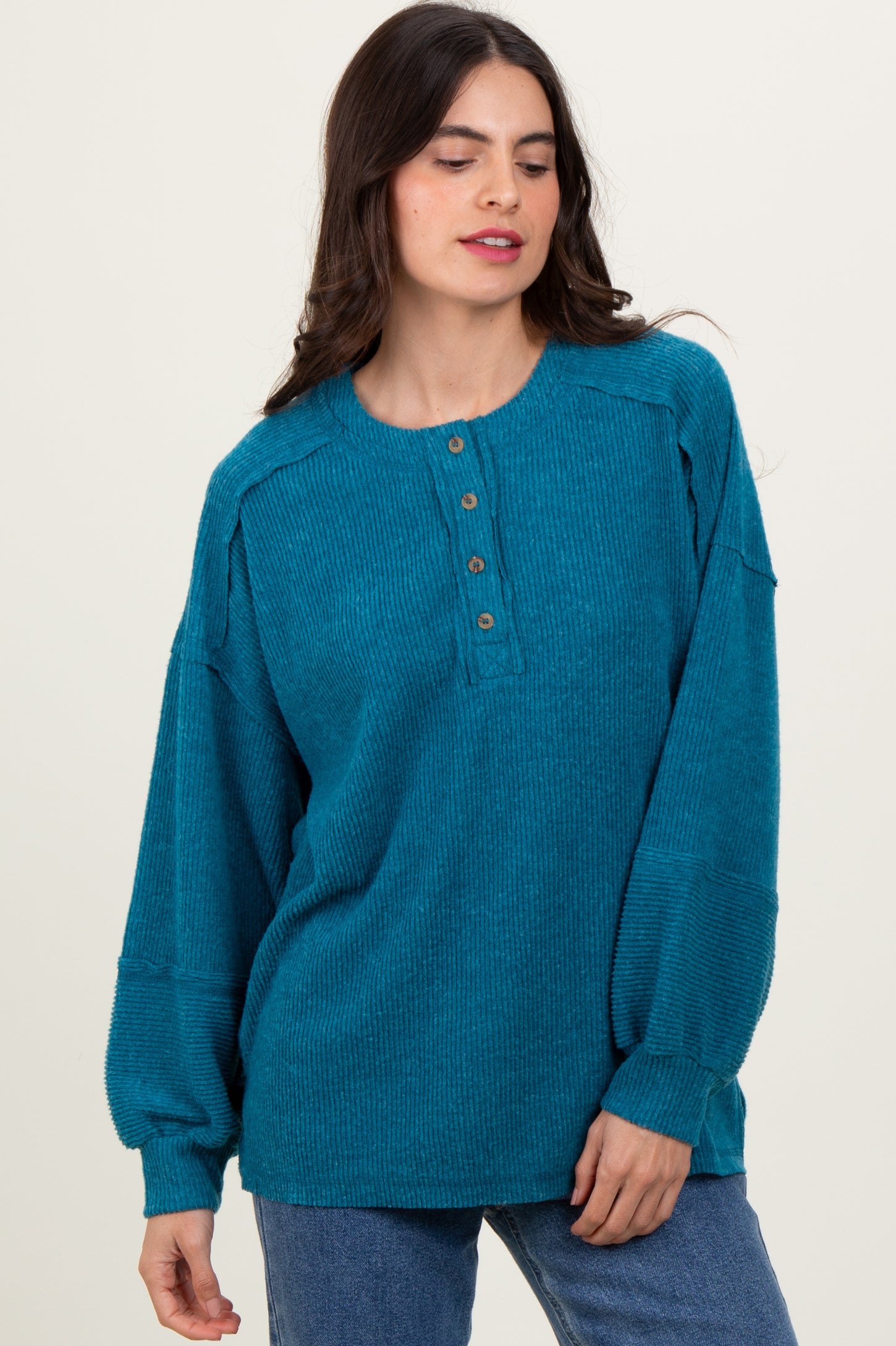 Teal Oversized Ribbed Knit Henley Maternity Sweater